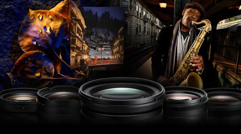 A collage features autumn leaves with water droplets, a lit-up town at dusk, a man playing saxophone in a subway, and several camera lenses in the foreground.